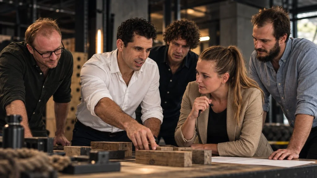 Team overlegt intensief rond een werktafel in een workshopruimte