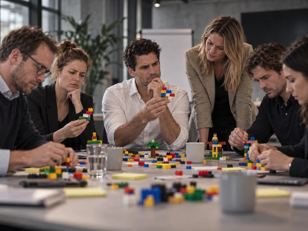 Team aan een vergadertafel tijdens een Lego-teambuildingoefening, geconcentreerd over kleurrijke blokjes gebogen