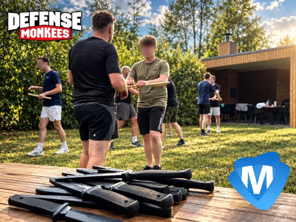 Workshop zelfverdediging bij MSML buiten op het gras: deelnemers oefenen met stokken, trainingsmessen op de voorgrond