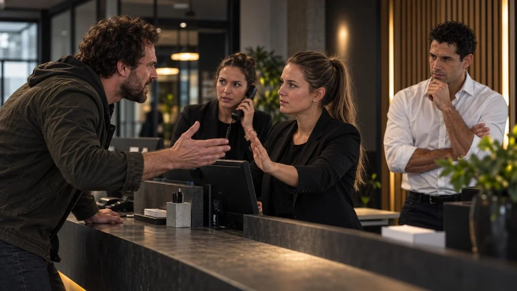 Medewerker aan de balie houdt een agressor op afstand terwijl een collega belt